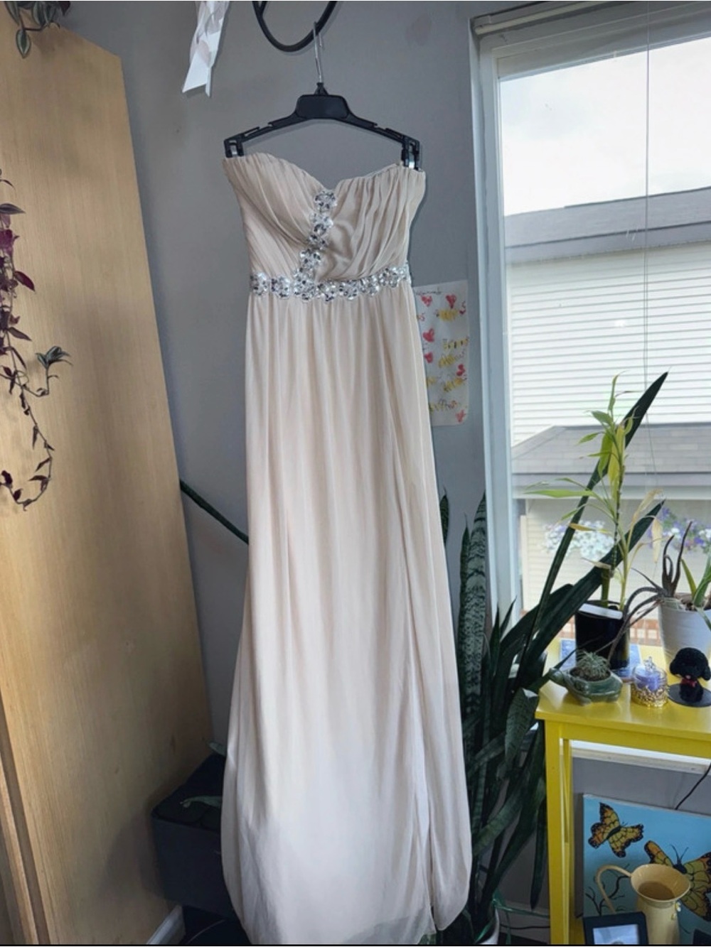 Strapless Champagne Gown with Jeweled Waist and chest 
Size 1
